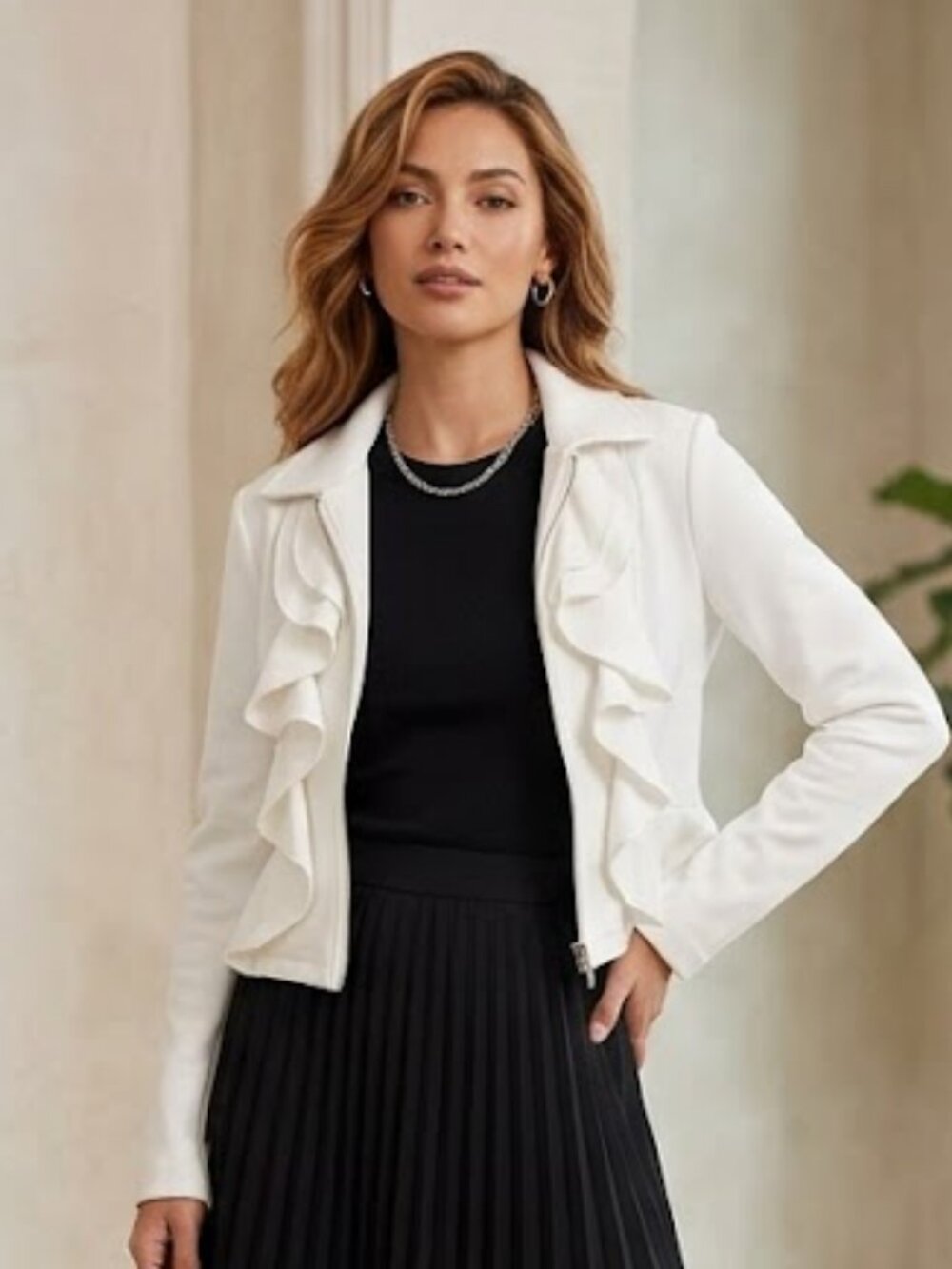 FILTRE‎ Cropped Zip Ruffle Front White Romantic Jacket  Size Large